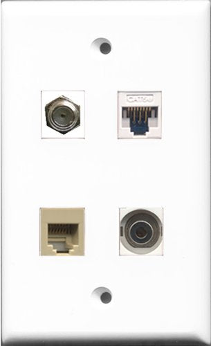 RiteAV 1 Port Coax Cable TV- F-Type and 1 Port Phone RJ11 RJ12 Beige and 1 Port 3.5mm and 1 Port Cat5e Ethernet White Wall Plate