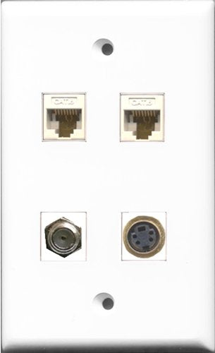 RiteAV 1 Port Coax Cable TV- F-Type and 1 Port S-Video 2 Port Cat6 Ethernet White Wall Plate