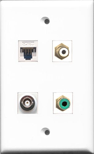 RiteAV 1 Port RCA White and 1 Port RCA Green and 1 Port BNC and 1 Port Cat5e Ethernet White Wall Plate