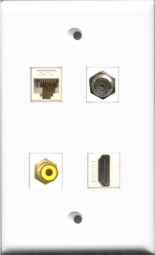 RiteAV 1 Port HDMI and 1 Port RCA Yellow and 1 Port Coax Cable TV- F-Type and 1 Port Cat6 Ethernet White Wall Plate