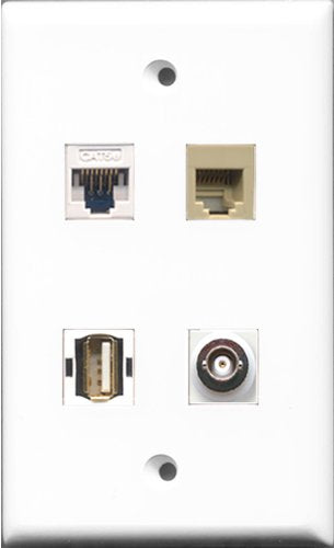 RiteAV 1 Port USB A-A and 1 Port Phone RJ11 RJ12 Beige and 1 Port BNC and 1 Port Cat5e Ethernet White Wall Plate