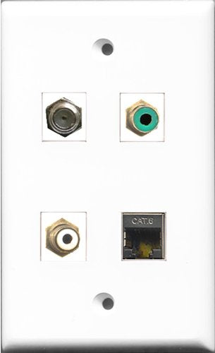 RiteAV 1 Port RCA White and 1 Port RCA Green and 1 Port Coax Cable TV- F-Type and 1 Port Shielded Cat6 Ethernet Wall Plate