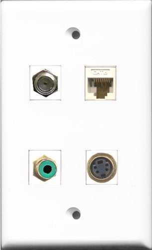 RiteAV 1 Port RCA Green and 1 Port Coax Cable TV- F-Type and 1 Port S-Video and 1 Port Cat6 Ethernet White Wall Plate