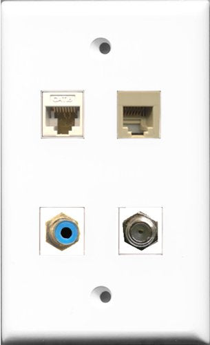 RiteAV 1 Port RCA Blue and 1 Port Coax Cable TV- F-Type and 1 Port Phone RJ11 RJ12 Beige and 1 Port Cat6 Ethernet White Wall Plate