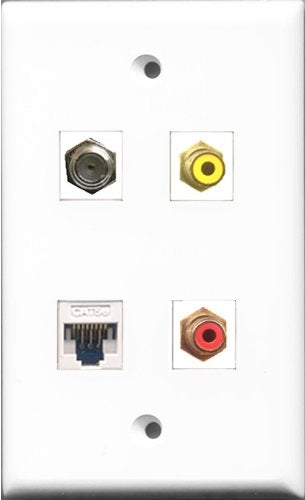 RiteAV 1 Port RCA Red and 1 Port RCA Yellow and 1 Port Coax Cable TV- F-Type and 1 Port Cat5e Ethernet White Wall Plate