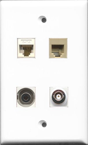 RiteAV 1 Port Phone RJ11 RJ12 Beige and 1 Port 3.5mm and 1 Port BNC and 1 Port Cat6 Ethernet White Wall Plate