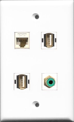 RiteAV 1 Port RCA Green 2 Port USB A-A and 1 Port Cat6 Ethernet White Wall Plate