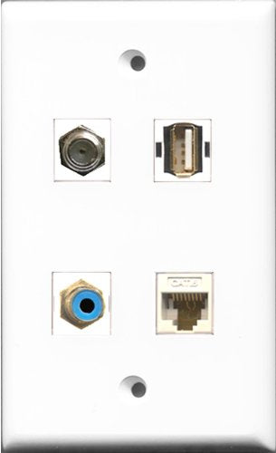 RiteAV 1 Port RCA Blue and 1 Port Coax Cable TV- F-Type and 1 Port USB A-A and 1 Port Cat6 Ethernet White Wall Plate