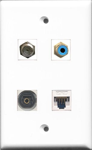 RiteAV 1 Port RCA Blue and 1 Port Coax Cable TV- F-Type and 1 Port Toslink and 1 Port Cat5e Ethernet White Wall Plate