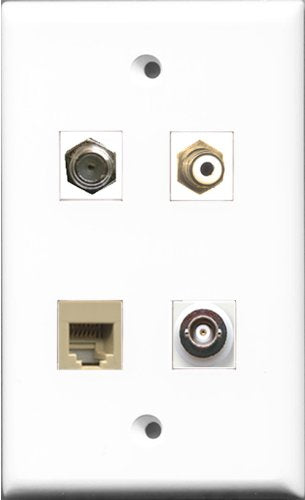 RiteAV 1 Port RCA White and 1 Port Coax Cable TV- F-Type and 1 Port Phone RJ11 RJ12 Beige and 1 Port BNC Wall Plate