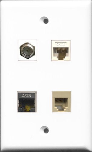 RiteAV 1 Port Coax Cable TV- F-Type and 1 Port Phone RJ11 RJ12 Beige and 1 Port Shielded Cat6 Ethernet and 1 Port Cat6 Ethernet White Wall Plate