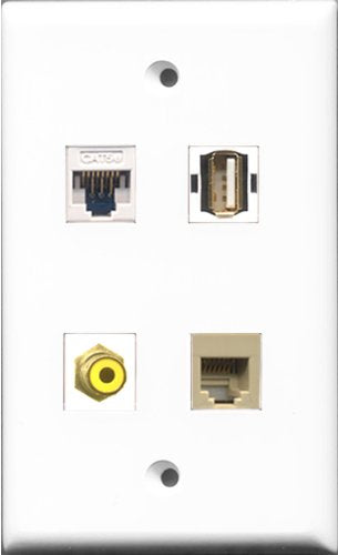 RiteAV 1 Port RCA Yellow and 1 Port USB A-A and 1 Port Phone RJ11 RJ12 Beige and 1 Port Cat5e Ethernet White Wall Plate