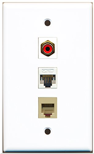 RiteAV - 1 Port RCA Red and 1 Port Phone RJ11 RJ12 Beige and 1 Port Cat5e Ethernet White Wall Plate