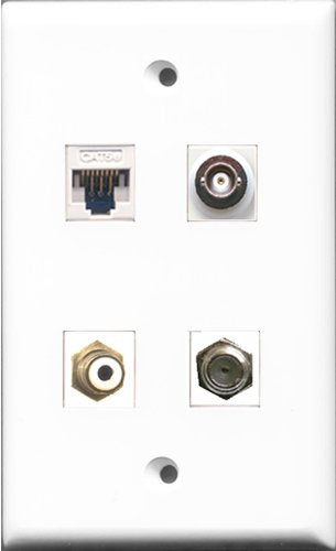 RiteAV - 1 Port RCA White and 1 Port Coax Cable TV- F-Type and 1 Port BNC and 1 Port Cat5e Ethernet White Wall Plate
