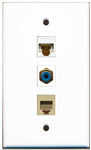RiteAV - 1 Port RCA Blue and 1 Port Phone RJ11 RJ12 Beige and 1 Port Cat6 Ethernet White Wall Plate