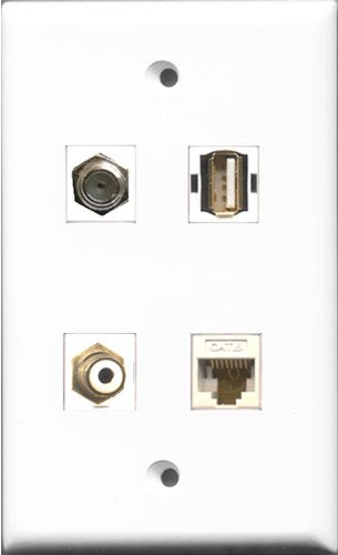 RiteAV 1 Port RCA White and 1 Port Coax Cable TV- F-Type and 1 Port USB A-A and 1 Port Cat6 Ethernet White Wall Plate