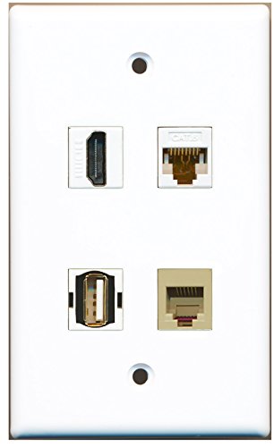 RiteAV - 1 Port HDMI 1 Port USB A-A 1 Port Phone RJ11 RJ12 Beige 1 Port Cat6 Ethernet White Wall Plate