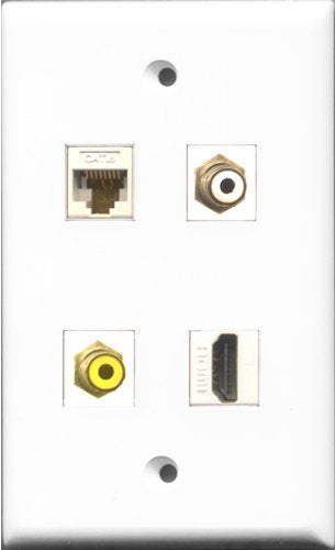 RiteAV 1 Port HDMI and 1 Port RCA White and 1 Port RCA Yellow and 1 Port Cat6 Ethernet White Wall Plate