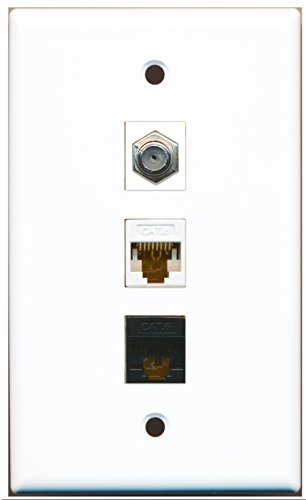 RiteAV - 1 Port Coax Cable TV- F-Type and 1 Port Cat6 Ethernet White and 1 Port Cat6 Ethernet Black Wall Plate