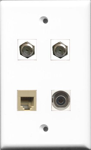 RiteAV - 2 Port Coax Cable TV- F-Type and 1 Port Phone RJ11 RJ12 Beige and 1 Port 3.5mm Wall Plate