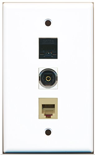 RiteAV - 1 Port Phone RJ11 RJ12 Beige and 1 Port Toslink and 1 Port Cat5e Ethernet Black Wall Plate