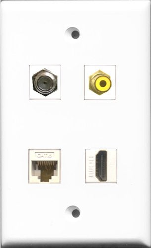 RiteAV 1 Port HDMI and 1 Port RCA Yellow and 1 Port Coax Cable TV- F-Type and 1 Port Cat6 Ethernet White Wall Plate