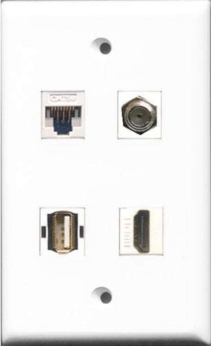 RiteAV - 1 Port HDMI and 1 Port Coax Cable TV- F-Type and 1 Port USB A-A and 1 Port Cat5e Ethernet White Wall Plate