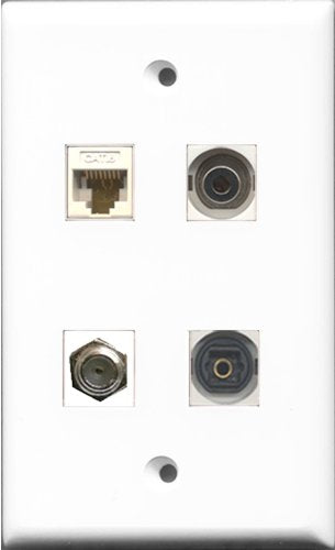 RiteAV 1 Port Coax Cable TV- F-Type and 1 Port Toslink and 1 Port 3.5mm and 1 Port Cat6 Ethernet White Wall Plate