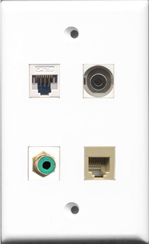 RiteAV - 1 Port RCA Green and 1 Port Phone RJ11 RJ12 Beige and 1 Port 3.5mm and 1 Port Cat5e Ethernet White Wall Plate