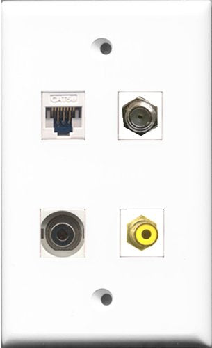 RiteAV - 1 Port RCA Yellow and 1 Port Coax Cable TV- F-Type and 1 Port 3.5mm and 1 Port Cat5e Ethernet White Wall Plate