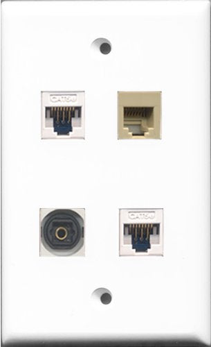 RiteAV 1 Port Phone RJ11 RJ12 Beige and 1 Port Toslink 2 Port Cat5e Ethernet White Wall Plate