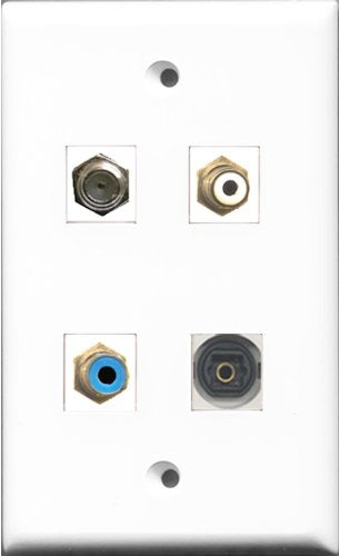 RiteAV 1 Port RCA White and 1 Port RCA Blue and 1 Port Coax Cable TV- F-Type and 1 Port Toslink Wall Plate