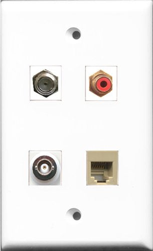 RiteAV 1 Port RCA Red and 1 Port Coax Cable TV- F-Type and 1 Port Phone RJ11 RJ12 Beige and 1 Port BNC Wall Plate