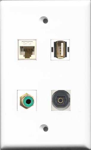 RiteAV 1 Port RCA Green and 1 Port USB A-A and 1 Port Toslink and 1 Port Cat6 Ethernet White Wall Plate