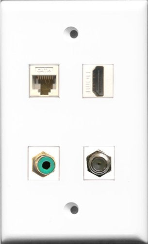 RiteAV 1 Port HDMI and 1 Port RCA Green and 1 Port Coax Cable TV- F-Type and 1 Port Cat6 Ethernet White Wall Plate