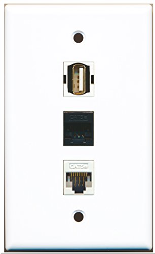 RiteAV - 1 Port USB A-A and 1 Port Cat5e Ethernet White and 1 Port Cat5e Ethernet Black Wall Plate