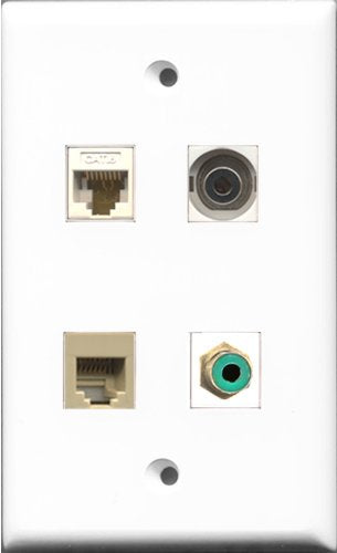 RiteAV 1 Port RCA Green and 1 Port Phone RJ11 RJ12 Beige and 1 Port 3.5mm and 1 Port Cat6 Ethernet White Wall Plate