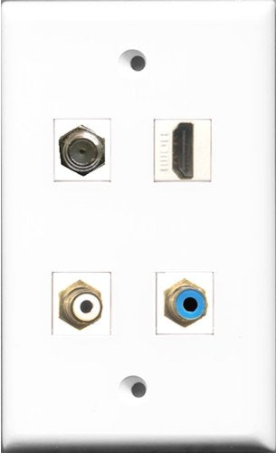 RiteAV 1 Port HDMI and 1 Port RCA White and 1 Port RCA Blue and 1 Port Coax Cable TV- F-Type Wall Plate