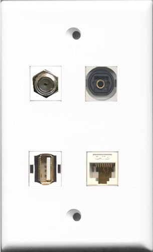 RiteAV 1 Port Coax Cable TV- F-Type and 1 Port USB A-A and 1 Port Toslink and 1 Port Cat6 Ethernet White Wall Plate