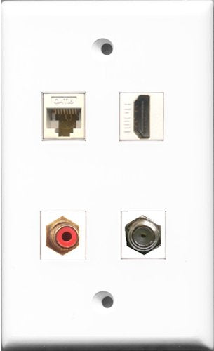 RiteAV 1 Port HDMI and 1 Port RCA Red and 1 Port Coax Cable TV- F-Type and 1 Port Cat6 Ethernet White Wall Plate