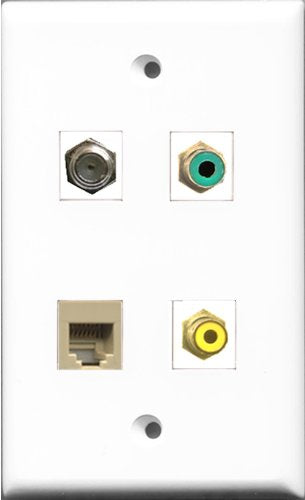 RiteAV 1 Port RCA Yellow and 1 Port RCA Green and 1 Port Coax Cable TV- F-Type and 1 Port Phone RJ11 RJ12 Beige Wall Plate