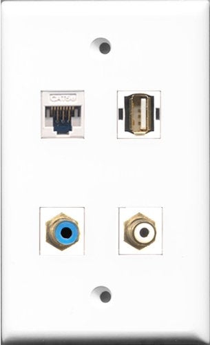 RiteAV 1 Port RCA White and 1 Port RCA Blue and 1 Port USB A-A and 1 Port Cat5e Ethernet White Wall Plate