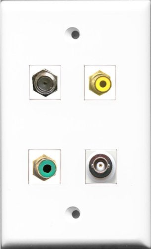 RiteAV 1 Port RCA Yellow and 1 Port RCA Green and 1 Port Coax Cable TV- F-Type and 1 Port BNC Wall Plate