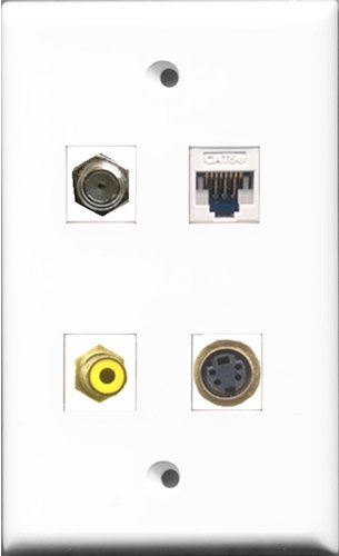 RiteAV 1 Port RCA Yellow and 1 Port Coax Cable TV- F-Type and 1 Port S-Video and 1 Port Cat5e Ethernet White Wall Plate