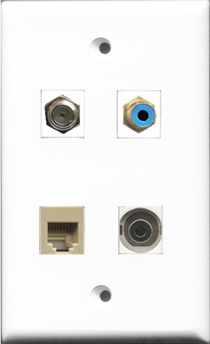 RiteAV 1 Port RCA Blue and 1 Port Coax Cable TV- F-Type and 1 Port Phone RJ11 RJ12 Beige and 1 Port 3.5mm Wall Plate