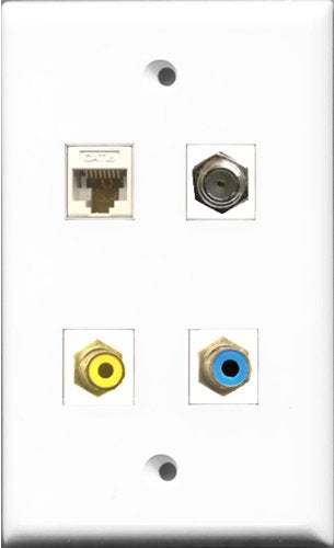 RiteAV 1 Port RCA Yellow and 1 Port RCA Blue and 1 Port Coax Cable TV- F-Type and 1 Port Cat6 Ethernet White Wall Plate
