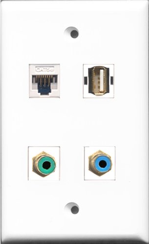 RiteAV 1 Port RCA Green and 1 Port RCA Blue and 1 Port USB A-A and 1 Port Cat5e Ethernet White Wall Plate