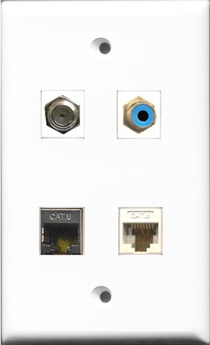 RiteAV 1 Port RCA Blue and 1 Port Coax Cable TV- F-Type and 1 Port Shielded Cat6 Ethernet and 1 Port Cat6 Ethernet White Wall Plate