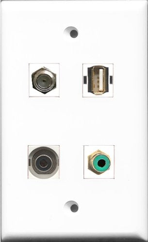 RiteAV 1 Port RCA Green and 1 Port Coax Cable TV- F-Type and 1 Port USB A-A and 1 Port 3.5mm Wall Plate