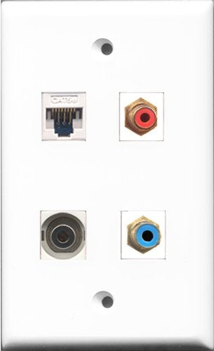 RiteAV 1 Port RCA Red and 1 Port RCA Blue and 1 Port 3.5mm and 1 Port Cat5e Ethernet White Wall Plate